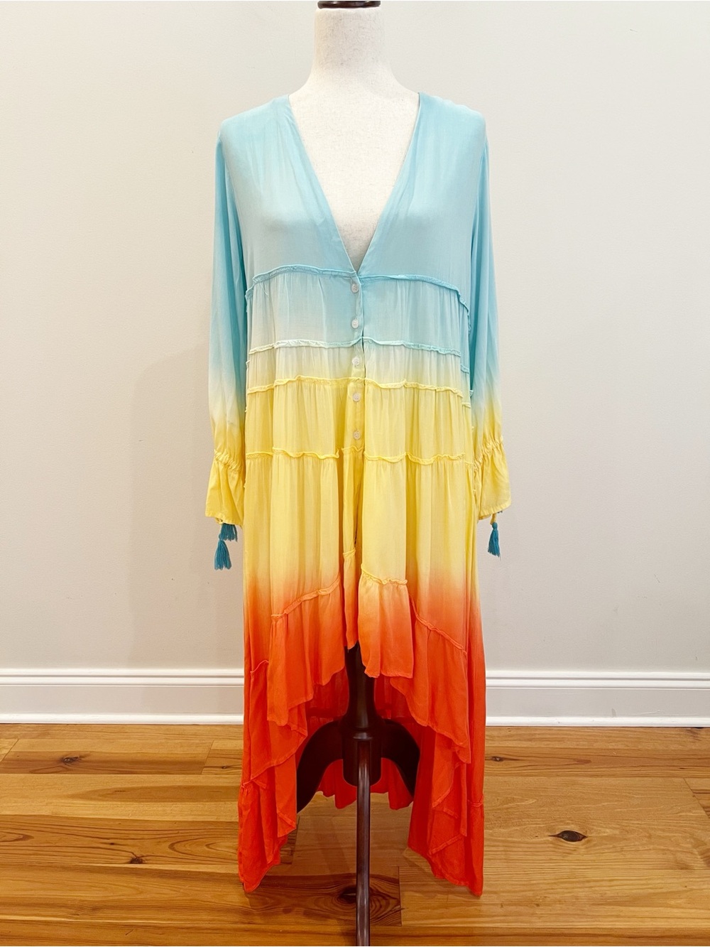 Mazik Dress Womens Small Rainbow Ombré High Low Ruffle Tassels Resort Flowy Boho